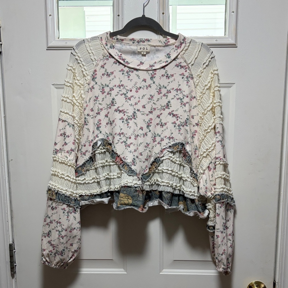 POL Cream Floral Ruffle Cropped Sweatshirt with Pink & Green Print